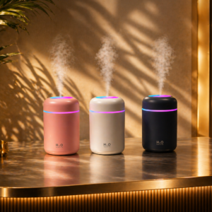 Diffuseurs aromathérapie USB — 3 coloris disponibles (Blanc, Rose, Gris) — ambiance Villa Sunset
